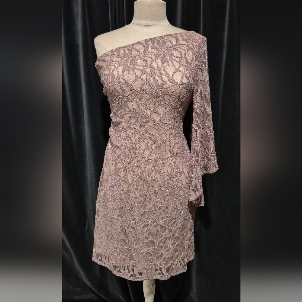 Night Way Collections One-Shoulder Lace Dress in Taupe